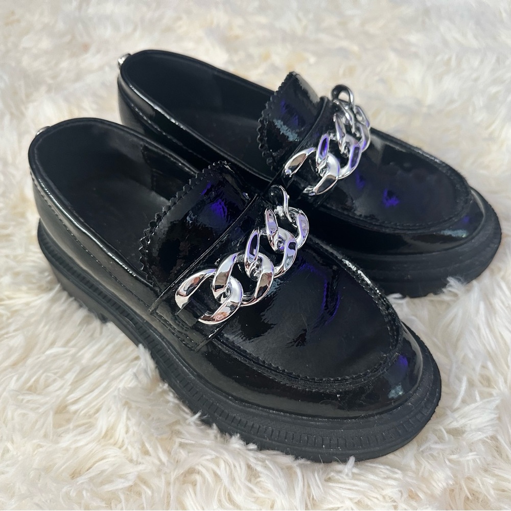 Black Patent Leather Loafers with Silver Chain